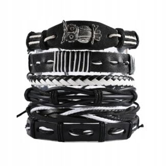 Bransoleta męska Czarna pleciona skórzana Sowa