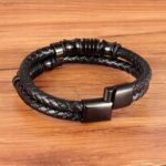 Bransoletka męska czarna skóra pleciona