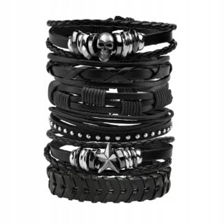 Bransoleta męska Czarna pleciona Czaszka Gwiazda