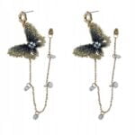 Kolczyki złote motyle cyrkonie łańcuszek