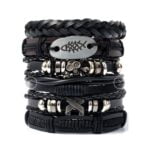 Bransoleta męska Czarna skórzana Czaszka Ryba