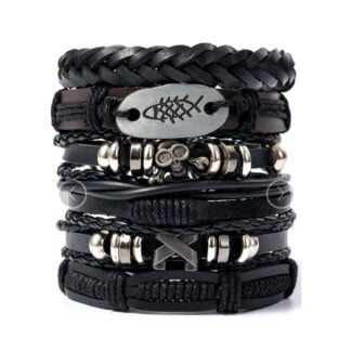 Bransoleta męska Czarna skórzana Czaszka Ryba