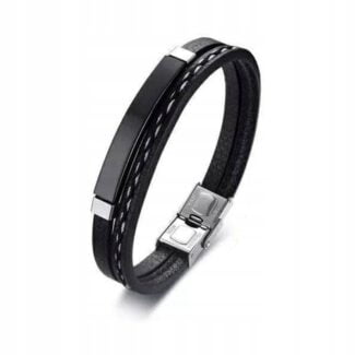 Bransoletka męska czarna stal nierdzewna skóra