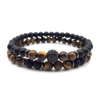 Bransoletka męska 2w1 brązowa czarna korale onyks