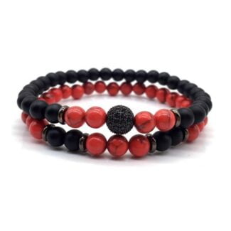 Bransoletka męska 2w1 czerwona czarna korale onyks