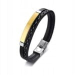 Bransoletka męska czarna stal nierdzewna skóra