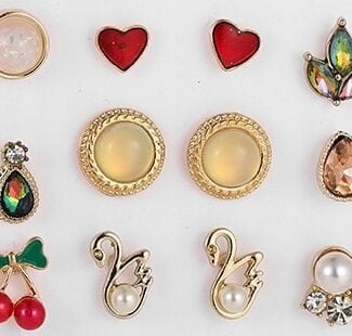 Zestaw Kolczyków 9 par złote serce wiśnie łabądź