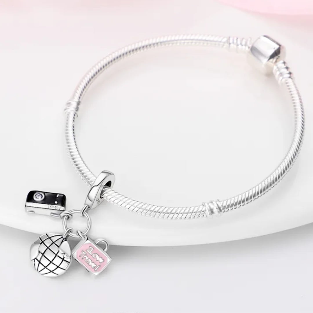 Charms do bransoletki Srebro 925 Aparat Globus Walizka Charms do bransoletki Srebro 925 Aparat Globus Walizka