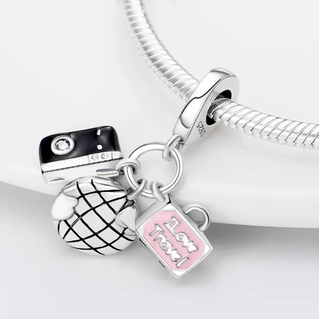 Charms do bransoletki Srebro 925 Aparat Globus Walizka Charms do bransoletki Srebro 925 Aparat Globus Walizka