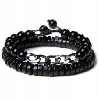 Bransoletka męska 2w1 czarna korale onyks łańcuch