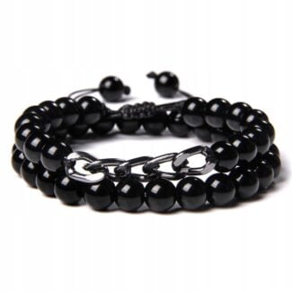 Bransoletka męska 2w1 czarna korale onyks łańcuch