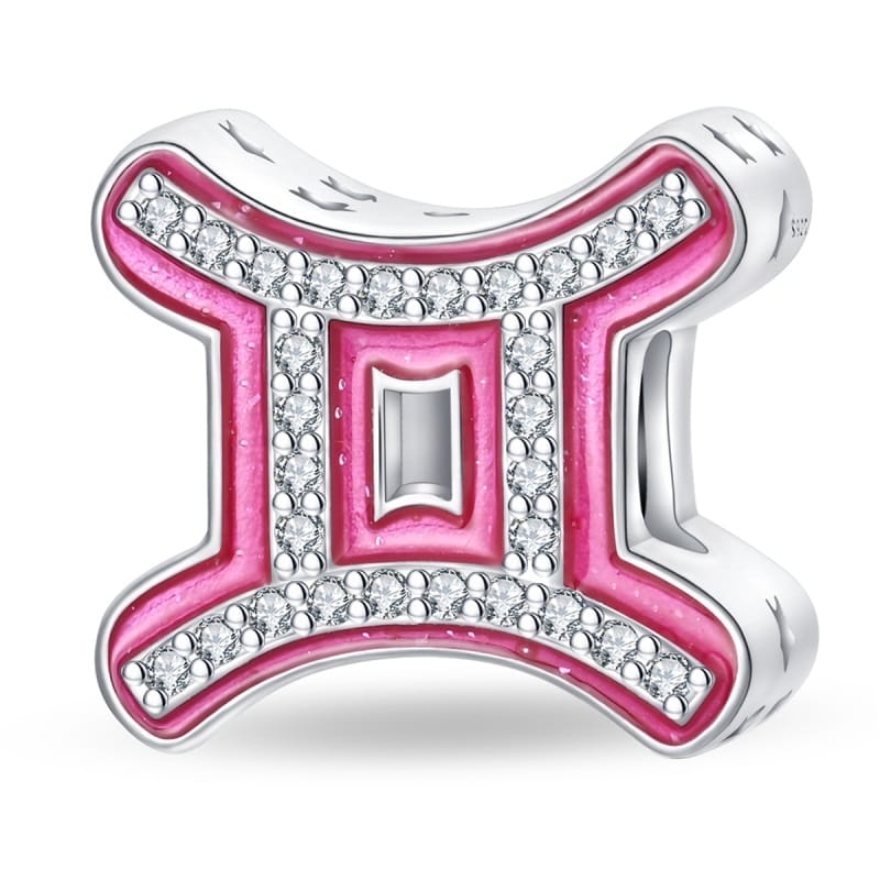 Charms Różowy Znak Zodiaku Bliźnięta do Pandory Srebro 925 Różowy symbol znaku zodiaku Bliźnięta ze srebra z białymi cyrkoniami i gwiazdkami na bokach