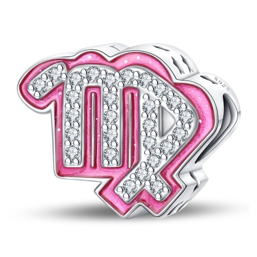 Charms Różowy Znak Zodiaku Panna do Pandory Srebro 925 Różowy symbol znaku zodiaku Panna ze srebra z białymi cyrkoniami i gwiazdkami na bokach