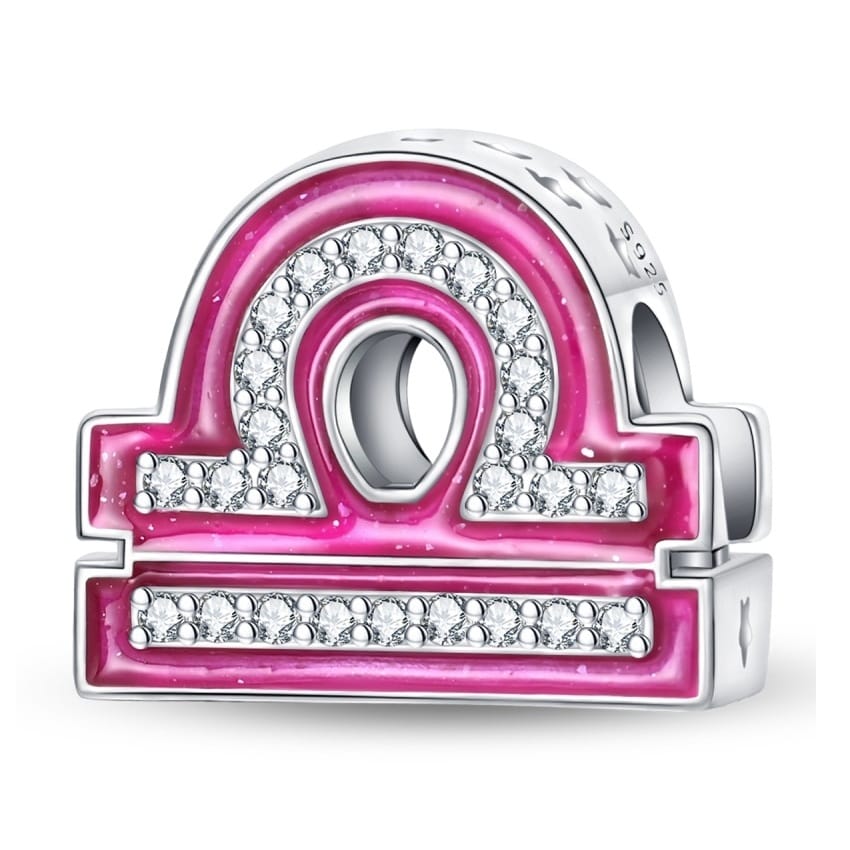 Charms Różowy Znak Zodiaku Waga do Pandory Srebro 925 Różowy symbol znaku zodiaku Waga ze srebra z białymi cyrkoniami i gwiazdkami na bokach