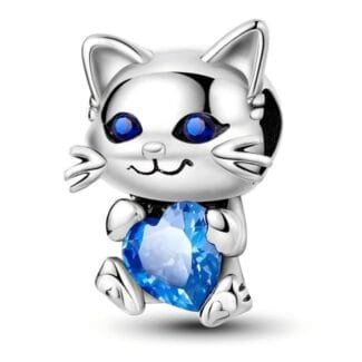 Charms do bransoletki Srebro 925 Kot z niebieskim sercem