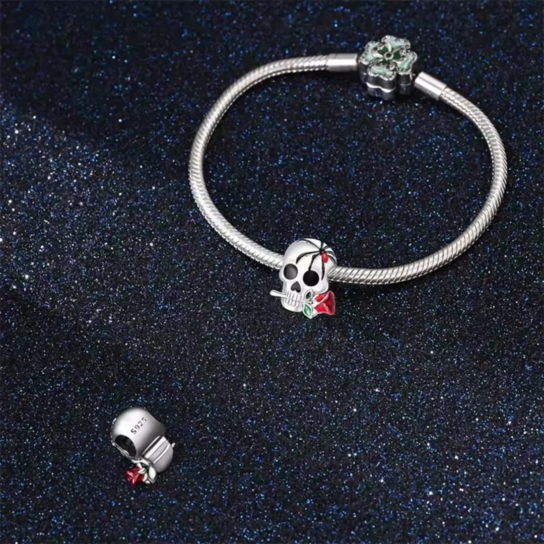 Charms do bransoletki Srebro 925 Czaszka Róża i Pająk Charms do bransoletki Srebro 925 Czaszka Róża i Pająk